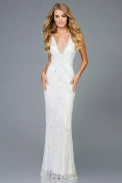 Scala - 48951 Embellished Plunging V-neck Sheath Dress