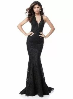 Sherri Hill - 51616 Deep Halter Metallic Lace Mermaid Gown -Wedding Dresses shop online sherri hill 51616 deep halter metallic lace mermaid gown evening dresses 00 black 12025708118099