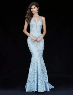 Sherri Hill - 51616 Deep Halter Metallic Lace Mermaid Gown -Wedding Dresses shop online sherri hill 51616 deep halter metallic lace mermaid gown evening dresses 00 light blue 12025709592659