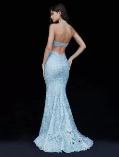 Sherri Hill - 51616 Deep Halter Metallic Lace Mermaid Gown -Wedding Dresses shop online sherri hill 51616 deep halter metallic lace mermaid gown evening dresses 12025707823187