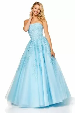 Sherri Hill - 52341 Strapless Floral Appliqued A Line Tulle Dress -Wedding Dresses shop online sherri hill 52341 strapless floral appliqued a line tulle dress prom dresses 00 light blue 11936476430419