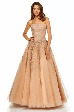 Sherri Hill - 52341 Strapless Floral Appliqued A Line Tulle Dress -Wedding Dresses shop online sherri hill 52341 strapless floral appliqued a line tulle dress prom dresses 00 nude 11936476594259