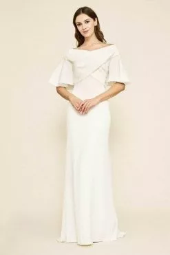 Tadashi Shoji - ALG19141LBR Short Bell Sleeve Off-shoulder Long Gown - 1 Pc Ivory In Size 12 Available