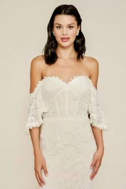 Tadashi Shoji - Lace Embroidered Off-Shoulder Trumpet Gown -Wedding Dresses shop online tadashi shoji lace embroidered off shoulder trumpet gown wedding dresses 28014851817555