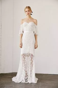 Tadashi Shoji - Lace Embroidered Off-Shoulder Trumpet Gown -Wedding Dresses shop online tadashi shoji lace embroidered off shoulder trumpet gown wedding dresses 28785498226771