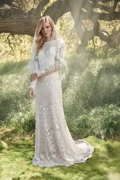 Tadashi Shoji - Long Sleeve Embroidered Bateau Wedding Dress -Wedding Dresses shop online tadashi shoji long sleeve embroidered bateau sheath dress wedding dresses 0 ivory petal 12098788098131