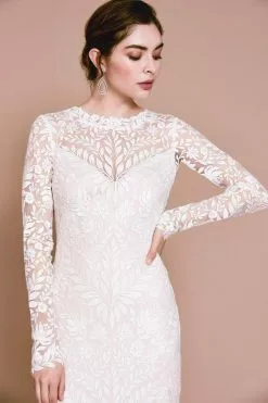 Tadashi Shoji - Long Sleeve Embroidered Bateau Wedding Dress -Wedding Dresses shop online tadashi shoji long sleeve embroidered bateau wedding dress wedding dresses 31572495564883