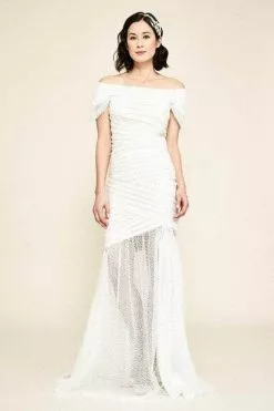 Tadashi Shoji - Off Shoulder Bridal Gown BGB19147LBR - 1 Pc Ivory/Petal In Size 10 Available