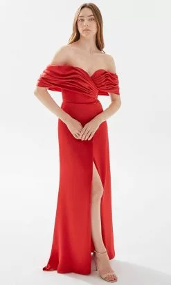 Tarik Ediz 52068 - Drape Ornate Off Shoulder Prom Dress -Wedding Dresses shop online tarik ediz 52068 drape ornate off shoulder prom dress prom dresses 00 red 31445637070931