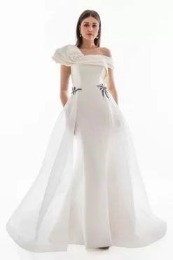 Terani Couture - 1821E7100 Dramatic Off Shoulder Sheer Overskirt Gown