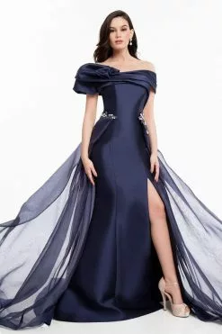 Terani Couture - 1821E7100 Dramatic Off Shoulder Sheer Overskirt Gown -Wedding Dresses shop online terani couture 1821e7100 dramatic off shoulder sheer overskirt gown special occasion dress 0 navy 28723267764307
