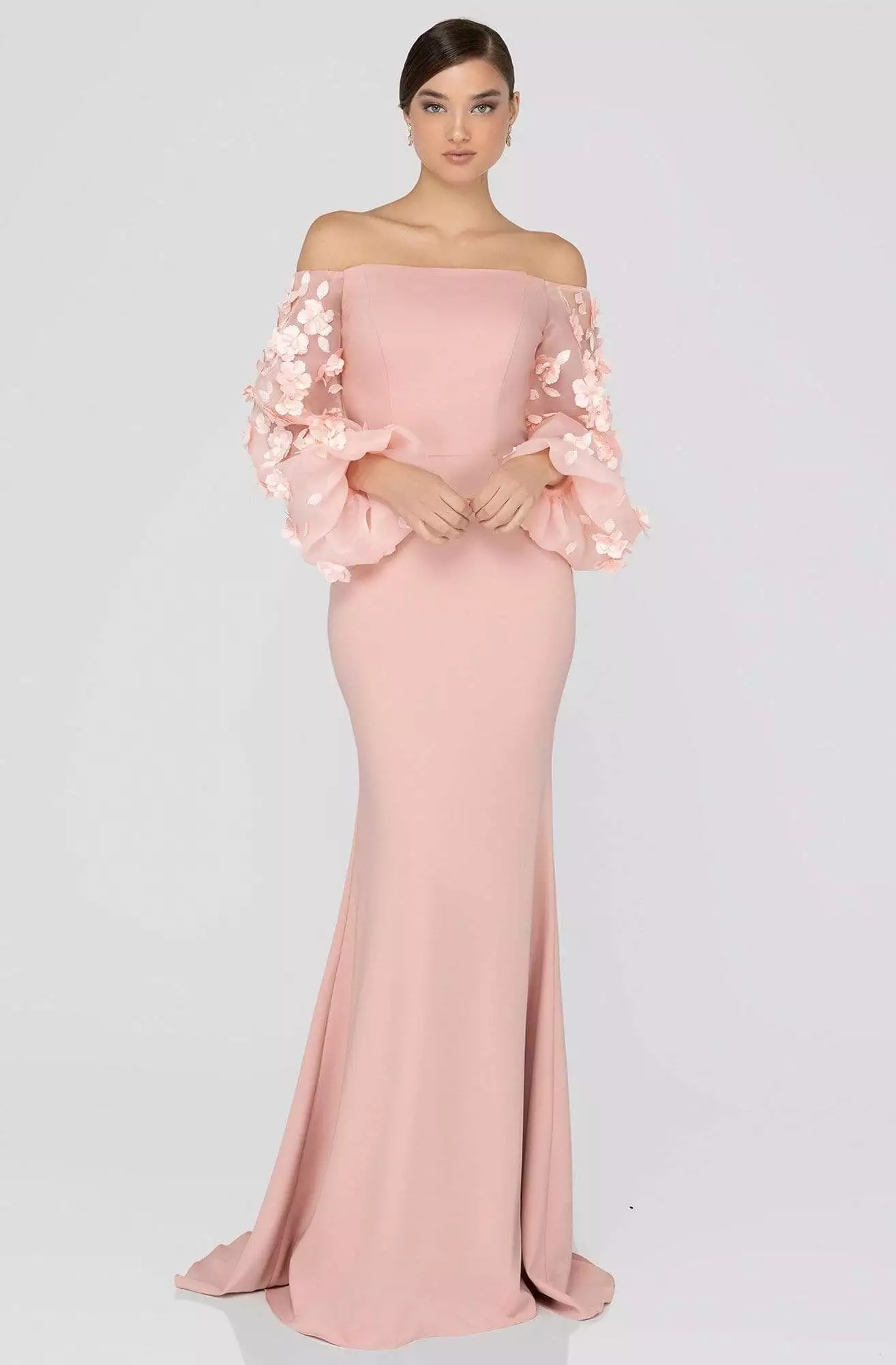 Terani Couture - 1911E9128 Offshoulder Floral Accent Puff Sleeves Gown 5 Terani Couture - 1911E9128 Offshoulder Floral Accent Puff Sleeves Gown - Image 3