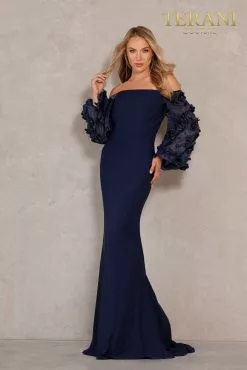 Terani Couture - 1911E9128 Offshoulder Floral Accent Puff Sleeves Gown 13 Terani Couture - 1911E9128 Offshoulder Floral Accent Puff Sleeves Gown -Wedding Dresses shop online terani couture 1911e9128 offshoulder floral accent puff sleeves gown evening dresses 0 navy 29774519730259