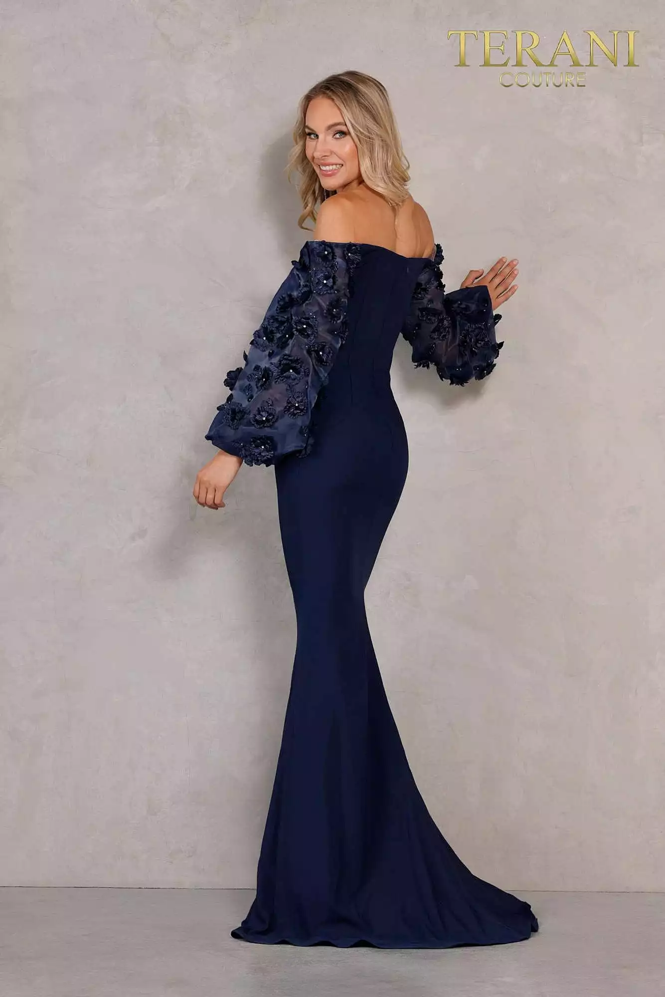 Terani Couture - 1911E9128 Offshoulder Floral Accent Puff Sleeves Gown 7 Terani Couture - 1911E9128 Offshoulder Floral Accent Puff Sleeves Gown - Image 5