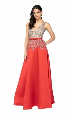 Terani Couture - 1911P8497 Beaded Plunging V-Neck A-Line Gown -Wedding Dresses shop online terani couture 1911p8497 beaded plunging v neck a line gown evening dresses 0 crystal red 7469663322195
