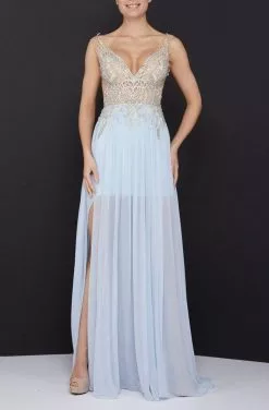 Terani Couture - 2011P1056 Beaded Bodice Sheer Double Slit Long Gown -Wedding Dresses shop online terani couture 2011p1056 beaded bodice sheer double slit long gown prom dresses 00 light blue 13497140379731