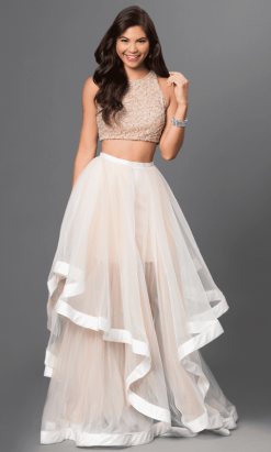 Terani Couture - Beaded Crop Top And Ruffled Mesh Skirt Long Gown Ensemble 151P0102A