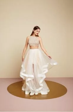 Terani Couture - Beaded Crop Top And Ruffled Mesh Skirt Long Gown Ensemble 151P0102A -Wedding Dresses shop online terani couture beaded crop top and ruffled mesh skirt long gown ensemble 151p0102a special occasion dress 5521657495609
